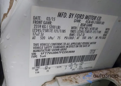 2015 Ford F-250 Xl z USA, uszkodzony, nr VIN 1FT7W2B67FED03699